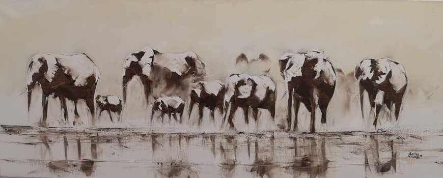 Stanley Sibanda, Elephants at the Waterhole. Oil on canvas, 40 x 100