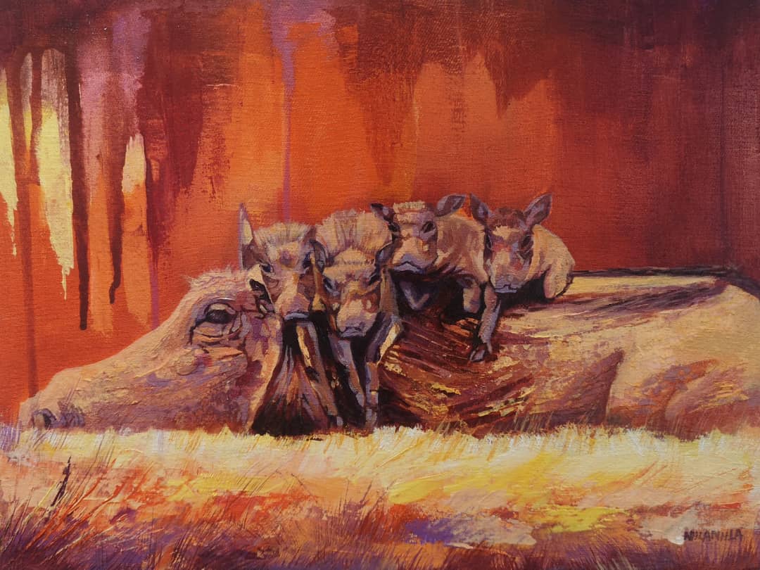 Baby Warthogs. Nhlanhla Magonya. Acrylic on canvas. 30 x 40.