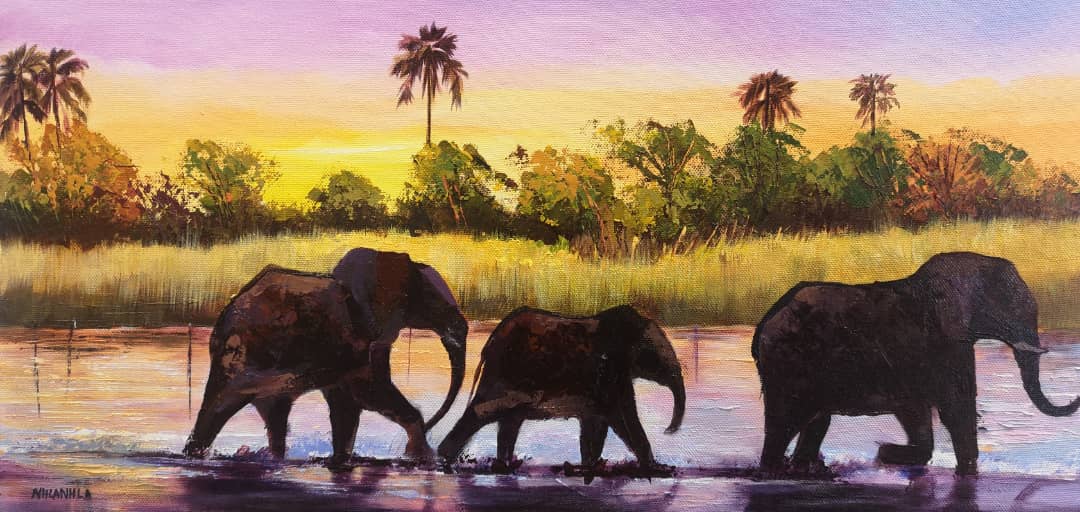 Elephant Crossing the Zambezi by Nhlanhla Magonya. Acrylic on canvas, 25 x 50