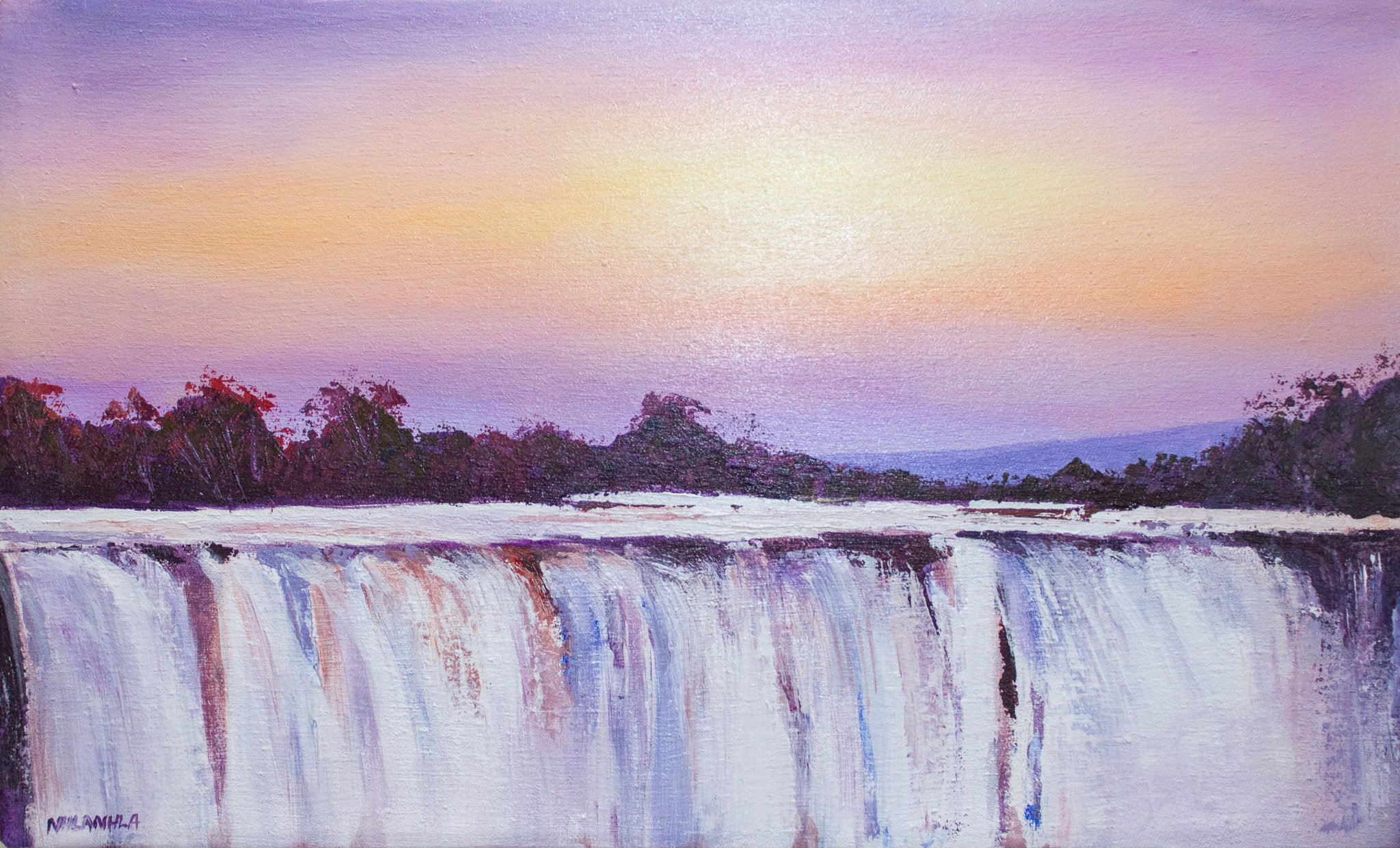 Victoria Falls at Dawn. Oil painting by Zimbabwean Artist Nhlanhla Magonya