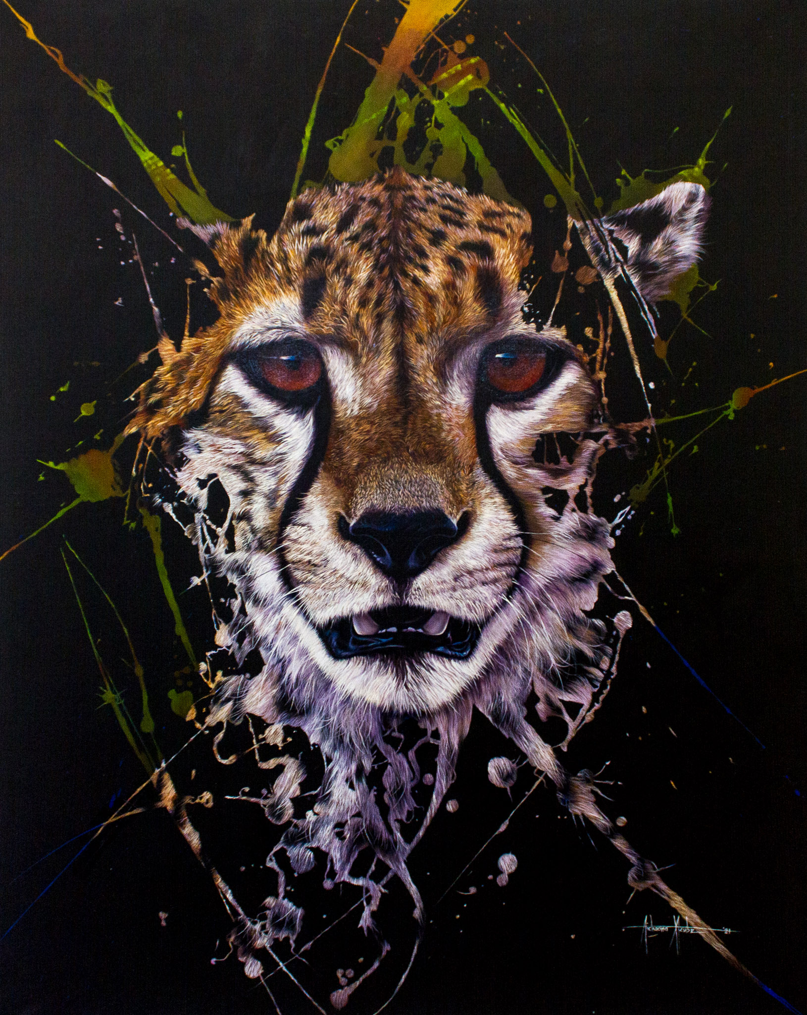 'Cheetah Splash'. Oil Painting by Wildlife Artist Tichaona Ncube