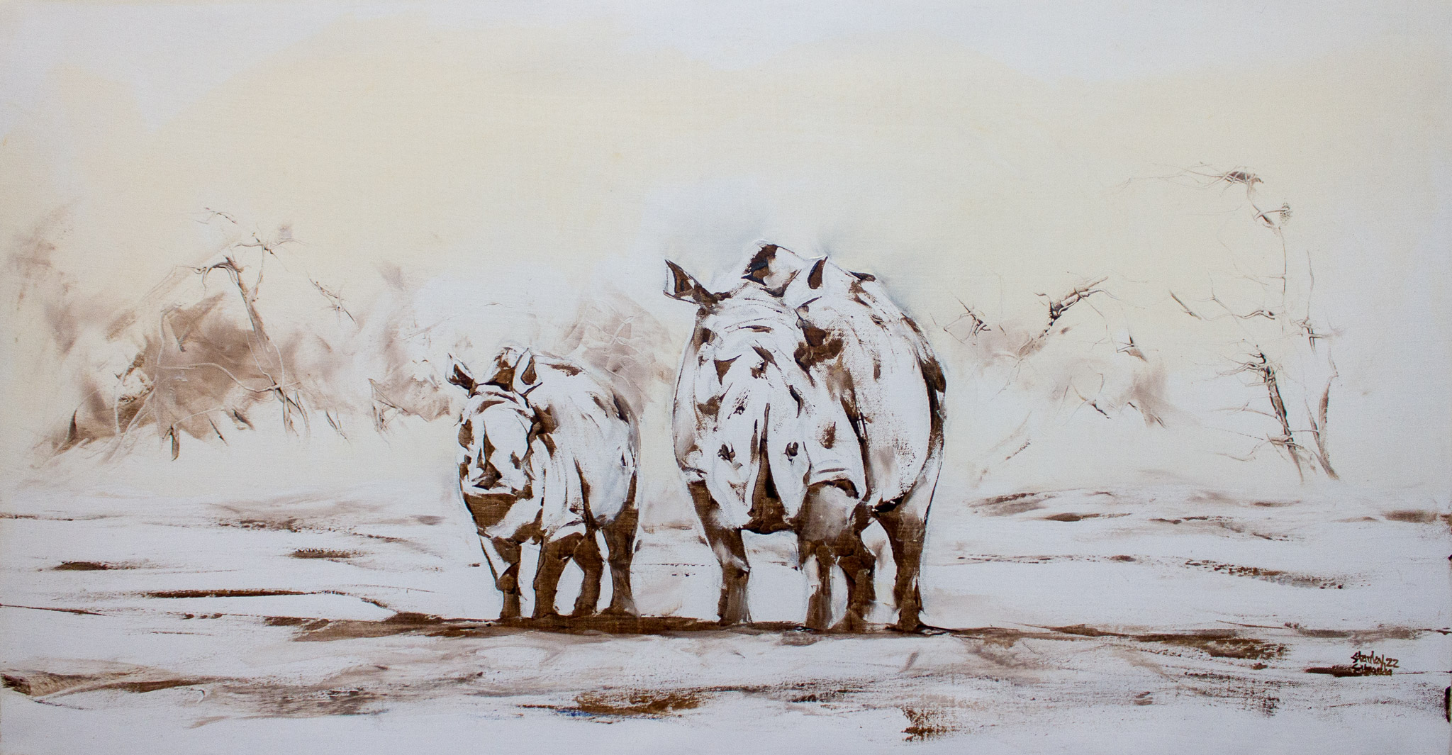 Rhinos in Sepia. Painting by Zimbabwean Artist Stanley Sibanda